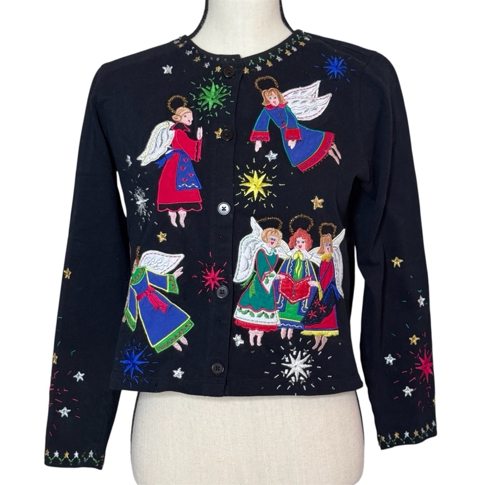 Vintage Michael Simon Sweater Christmas Angel Novelty Whimsy Cardigan size PS